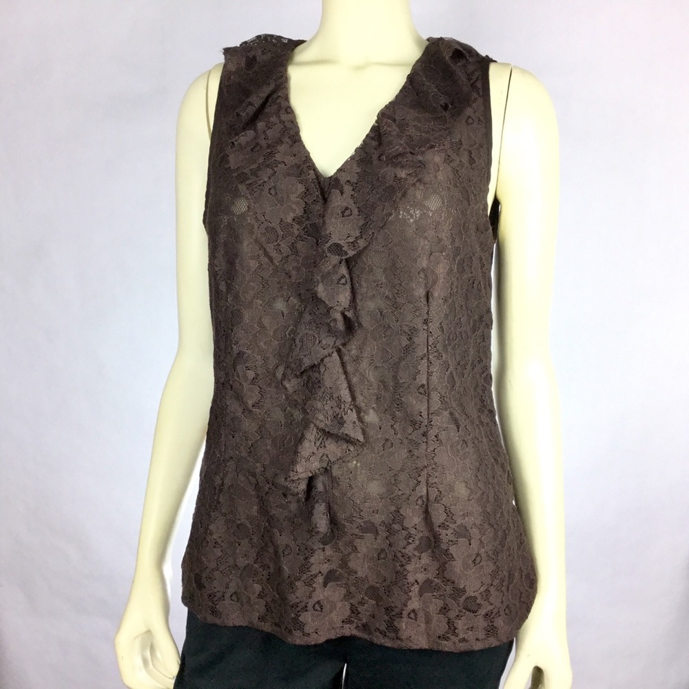 Cato Brown Sleeveless Lined Ruffle Front Tank Top